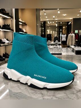 Balenciaga Men's Teal Knit Sock Sneaker with White Sole